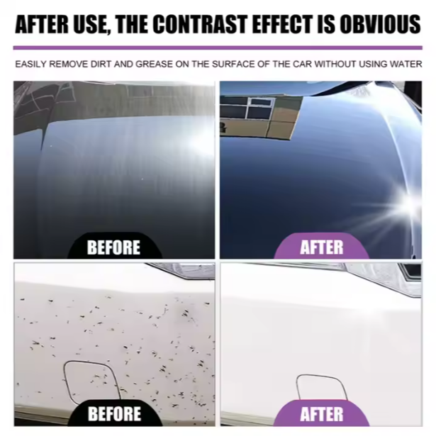 Before and after comparison of a car surface with dirt and grease removal product.