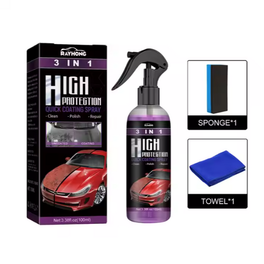 Car care product set with spray bottle, box, sponge, and towel on a white background
