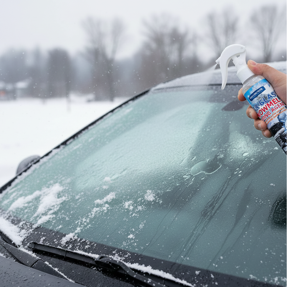 Odmrzivač stakla u spreju nanet na zaleđeno vetrobransko staklo automobila